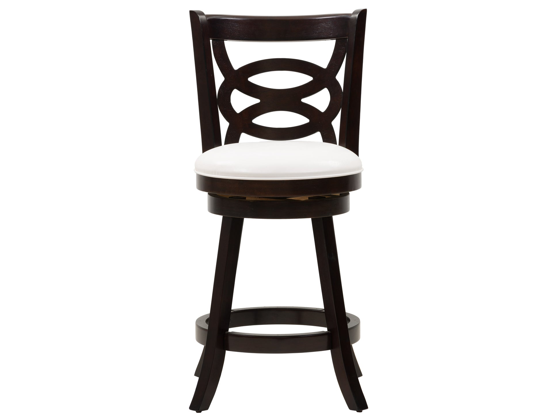 Modern wooden bar stool with dark walnut finish, featuring a curved backrest, cushioned beige seat, and sleek metal footrest. Ideal for kitchen counters and home bars, offering stylish comfort and durability.