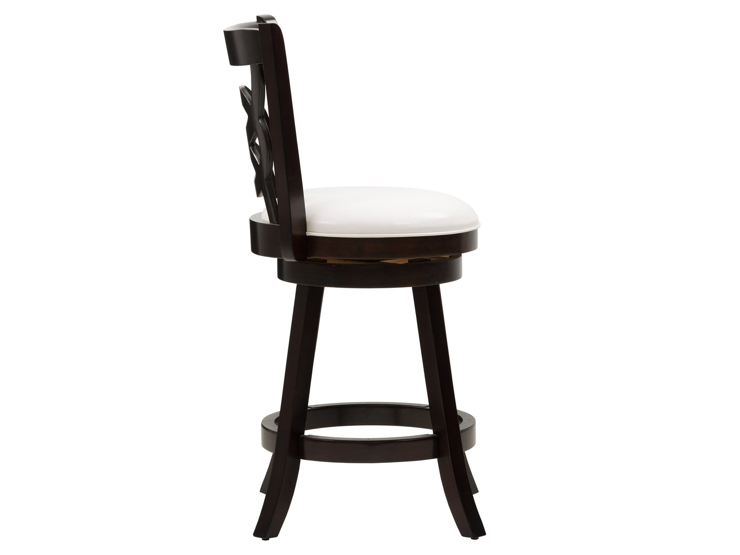 Modern wood bar stool with counter height, featuring a sleek dark walnut finish, curved backrest, and upholstered seat in beige fabric. Ideal for contemporary kitchens or home bars, combining comfort and style.