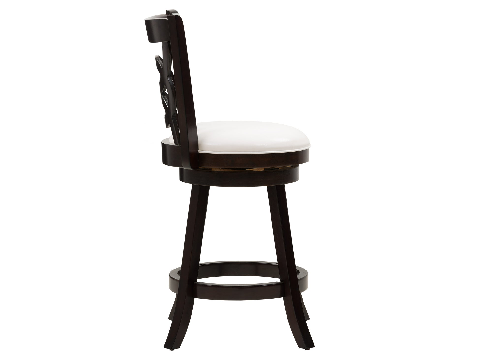 Modern wood bar stool with counter height, featuring a sleek dark walnut finish, curved backrest, and upholstered seat in beige fabric. Ideal for contemporary kitchens or home bars, combining comfort and style.