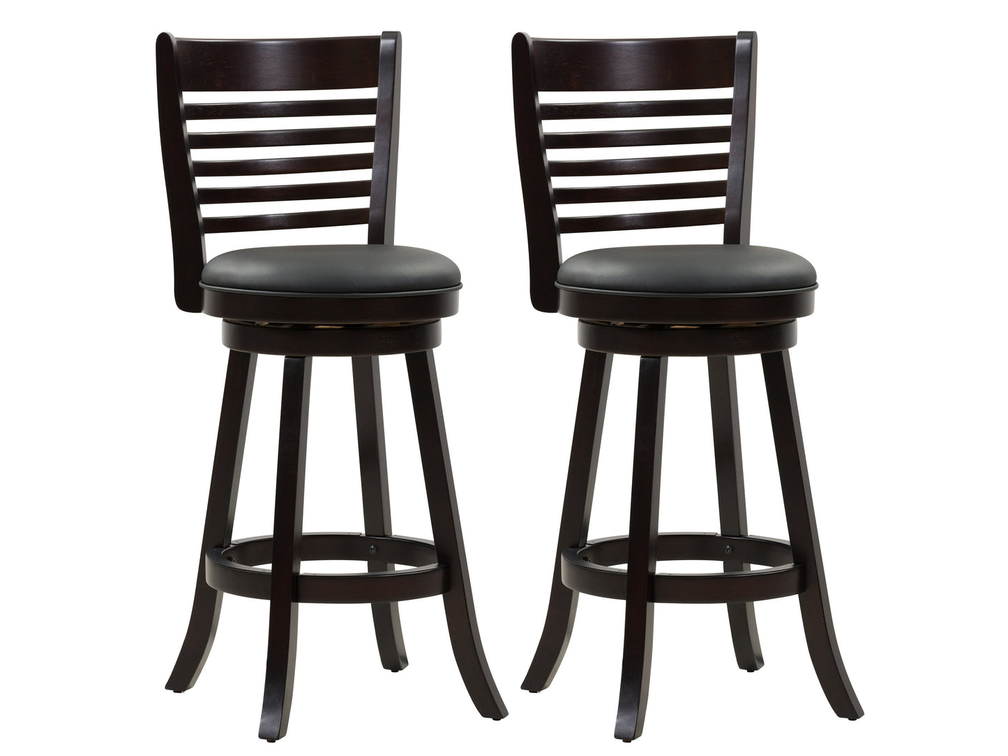 Black bar height bar stools, set of 2, with cushioned seats and sleek metal legs for modern kitchen or bar areas.