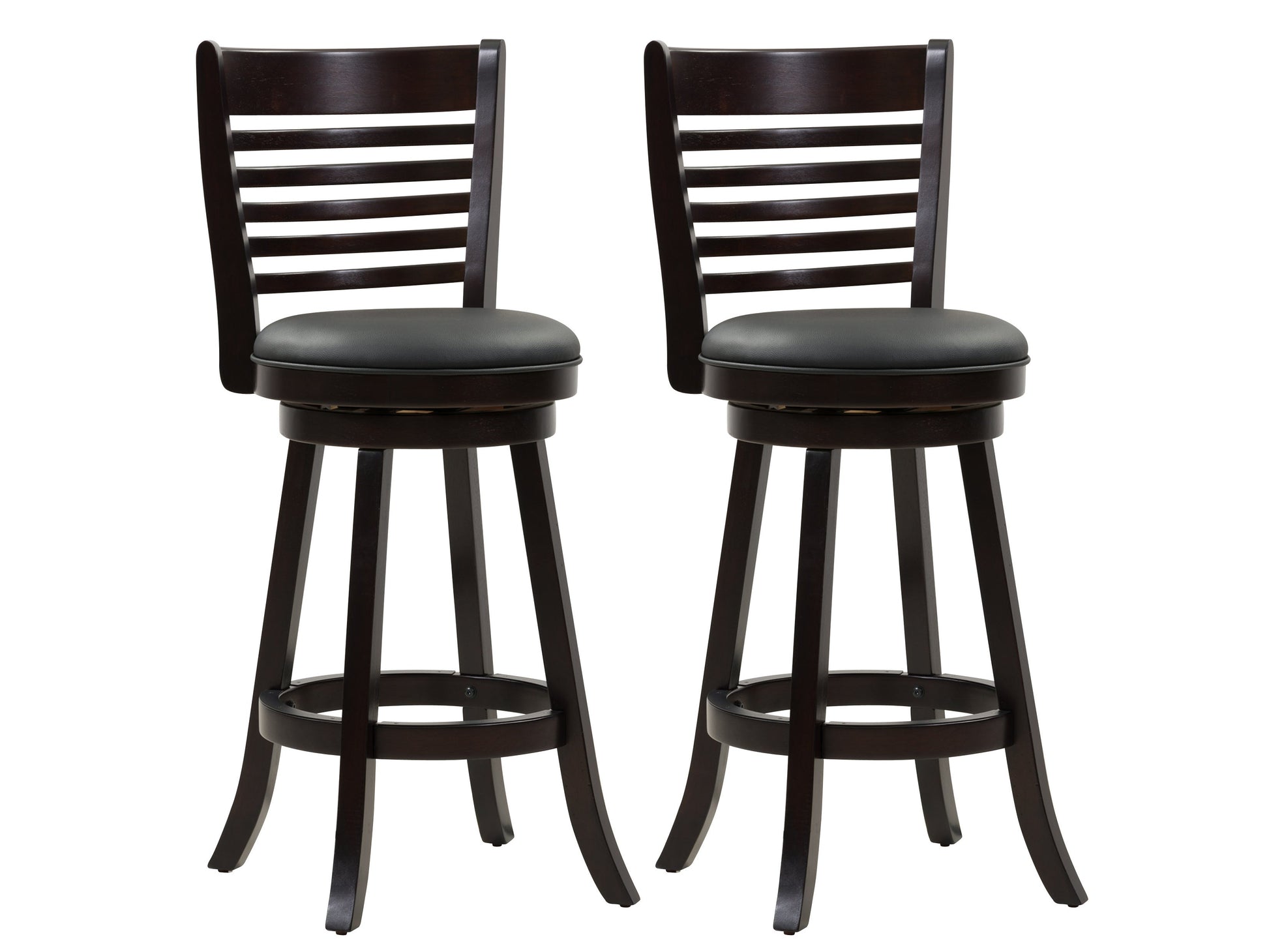 Black bar height bar stools, set of 2, with cushioned seats and sleek metal legs for modern kitchen or bar areas.