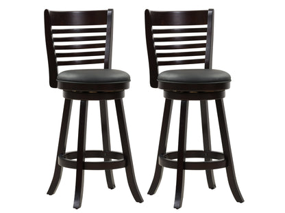 Black bar height bar stools, set of 2, with cushioned seats and sleek metal legs for modern kitchen or bar areas.