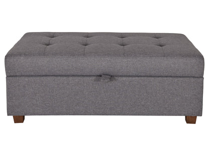 Beige tufted storage ottoman featuring lid with pull tab and short wooden legs.