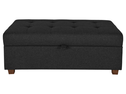 Blue tufted storage ottoman with lid pull tab and wooden legs.
