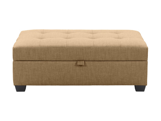Beige tufted storage bench ottoman with wooden legs and soft fabric upholstery.