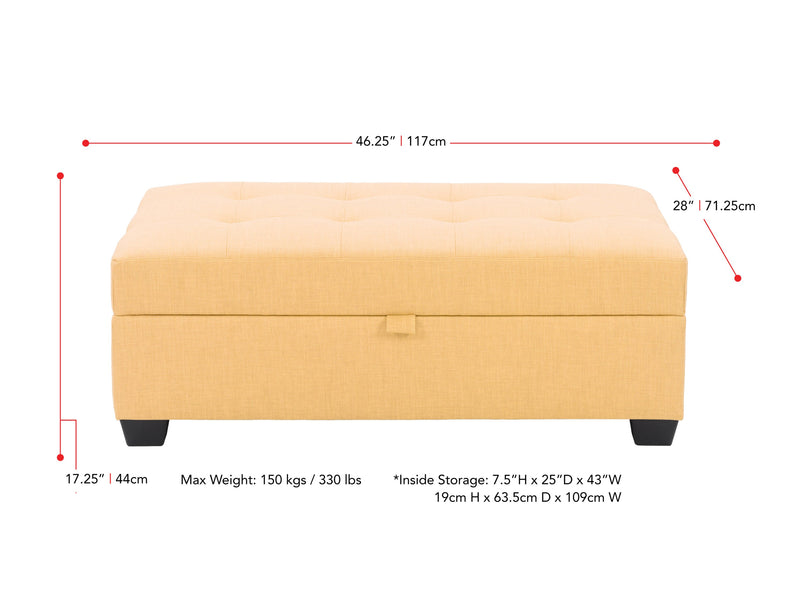 yellow Tufted Storage Bench Antonio Collection measurements diagram by CorLiving