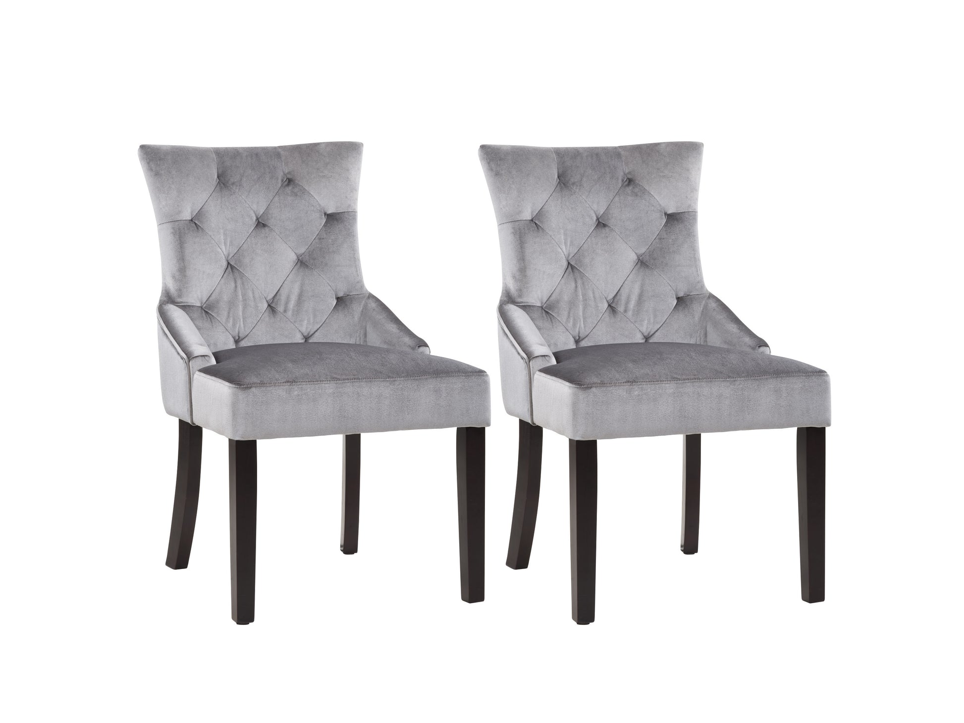Modern accent chairs, set of 2, featuring sleek grey upholstered fabric, wooden legs with a natural finish, and tufted backrests for added comfort and style. Ideal for living rooms or home offices.