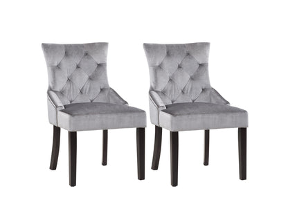 Modern accent chairs, set of 2, featuring sleek grey upholstered fabric, wooden legs with a natural finish, and tufted backrests for added comfort and style. Ideal for living rooms or home offices.