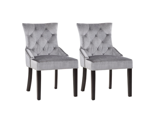 Modern accent chairs, set of 2, featuring sleek grey upholstered fabric, wooden legs with a natural finish, and tufted backrests for added comfort and style. Ideal for living rooms or home offices.