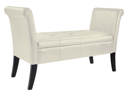 White storage bench with arms, upholstered seat, and wooden frame, perfect for entryways or bedrooms.