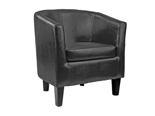 Black leather barrel chair with sleek design, curved backrest, and wooden legs, perfect for modern living spaces.