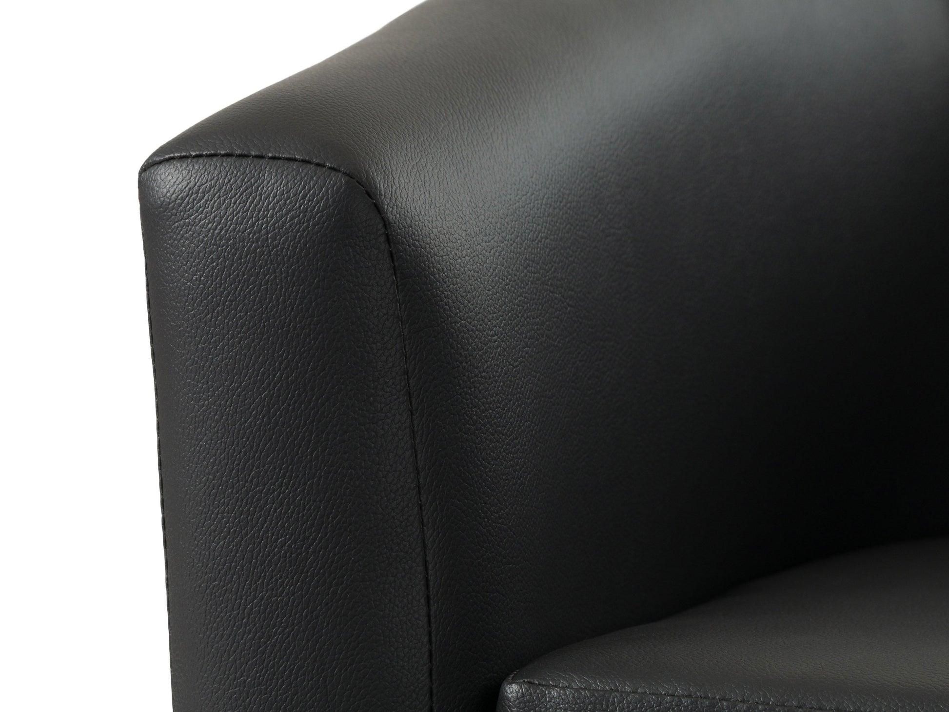 Black vegan leather barrel chair with sleek design, tufted backrest, and wooden legs.