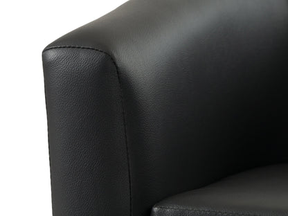 Black vegan leather barrel chair with sleek design, tufted backrest, and wooden legs.