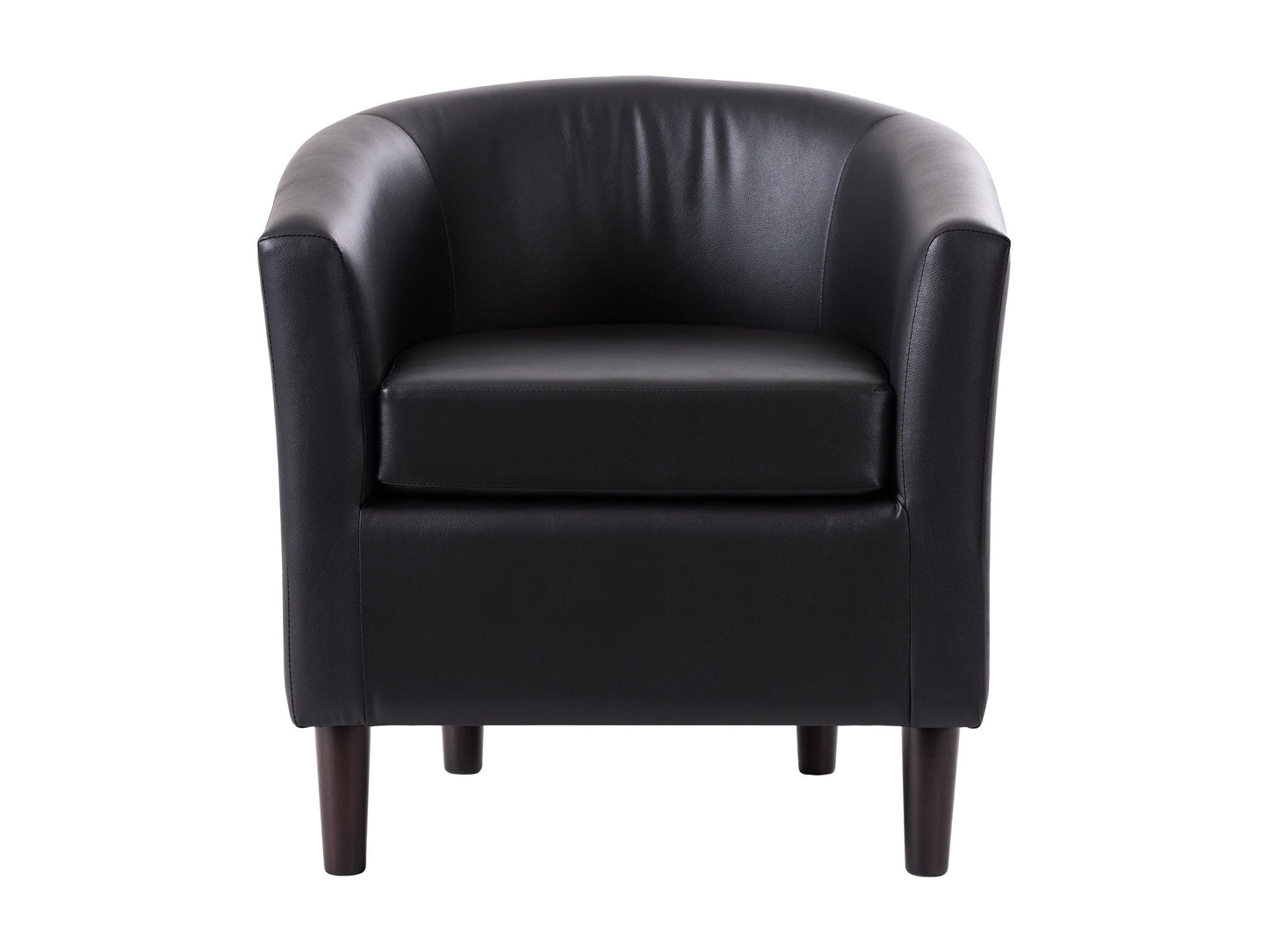 Black vegan leather barrel chair with curved backrest and sleek modern design