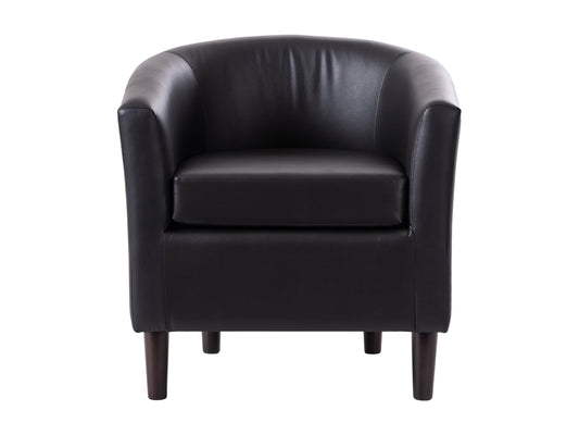 Black vegan leather barrel chair with curved backrest and sleek modern design