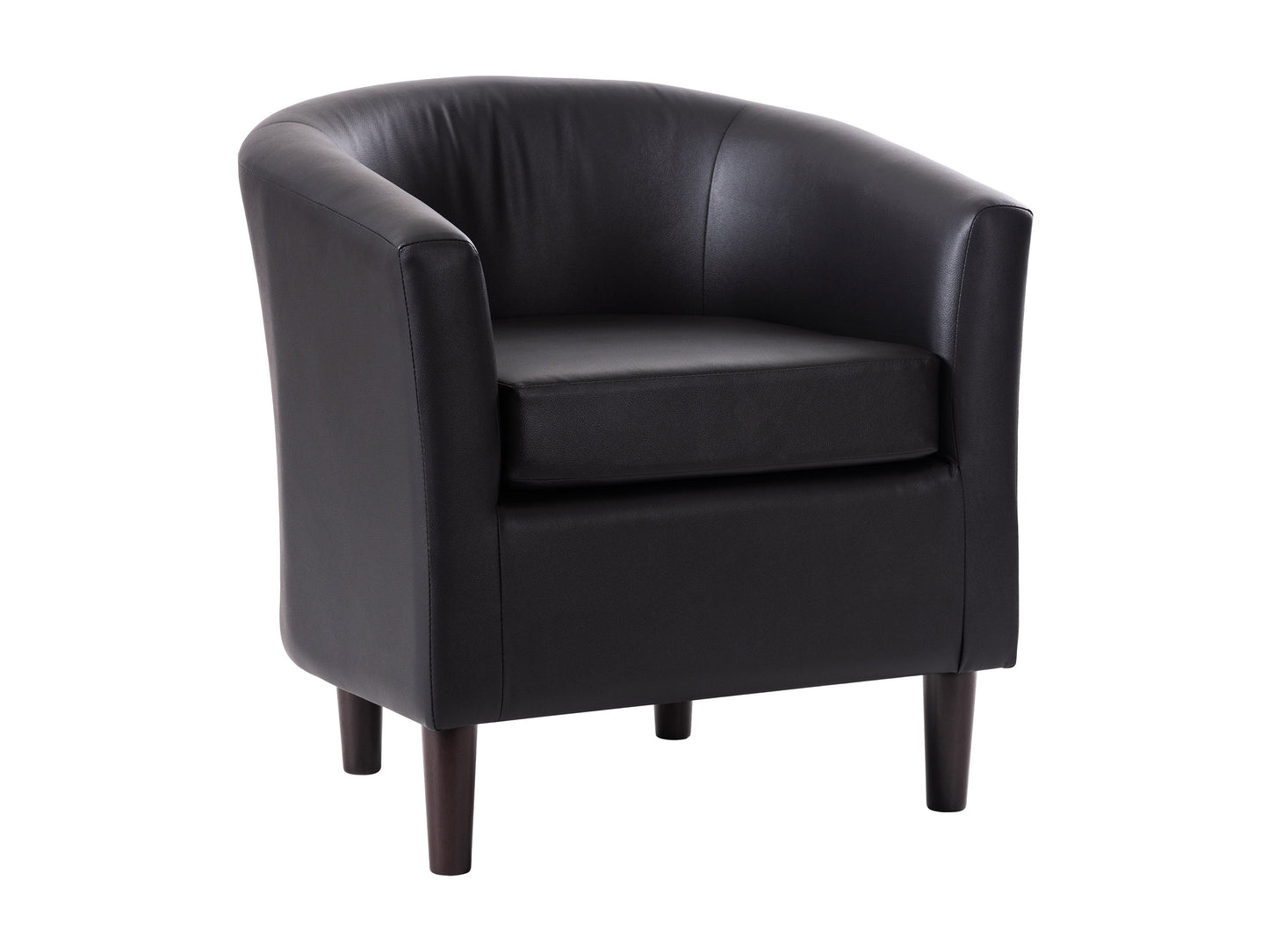 Black vegan leather barrel chair with sleek design and curved backrest, perfect for modern living rooms.