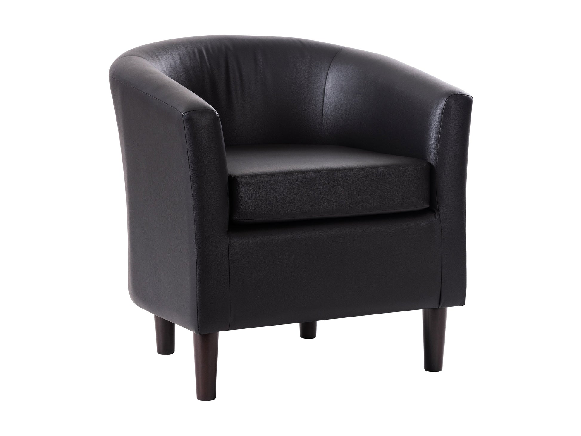 Black vegan leather barrel chair with sleek design and curved backrest, perfect for modern living rooms.
