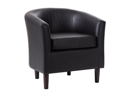 Black vegan leather barrel chair with sleek design and curved backrest, perfect for modern living rooms.
