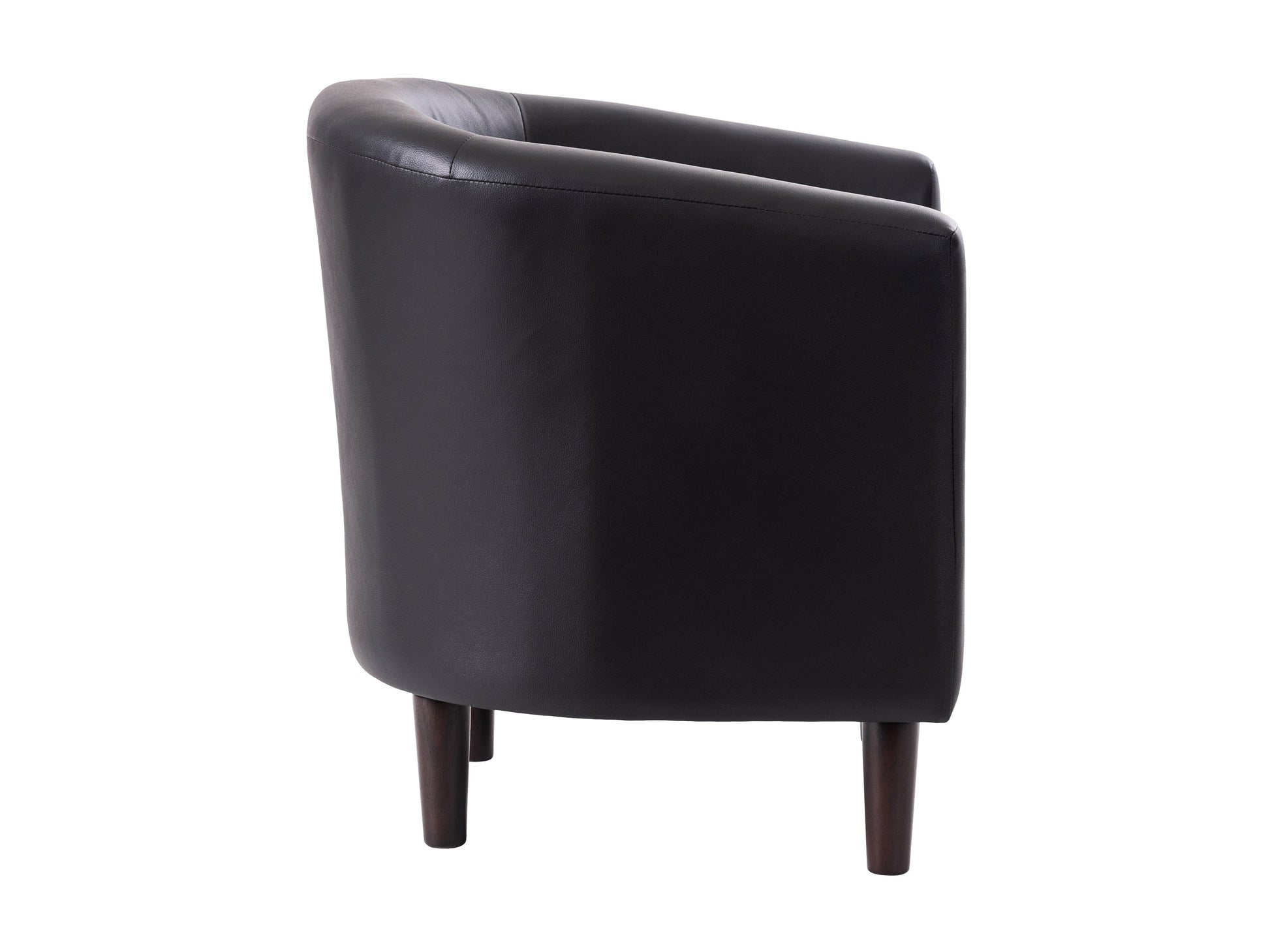 Black vegan leather barrel chair with plush cushioning and sleek modern design