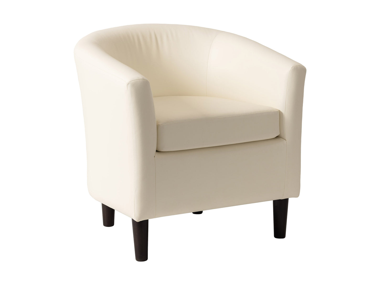 Warm white vegan leather barrel chair with curved back, plush cushioning, and sleek modern design.