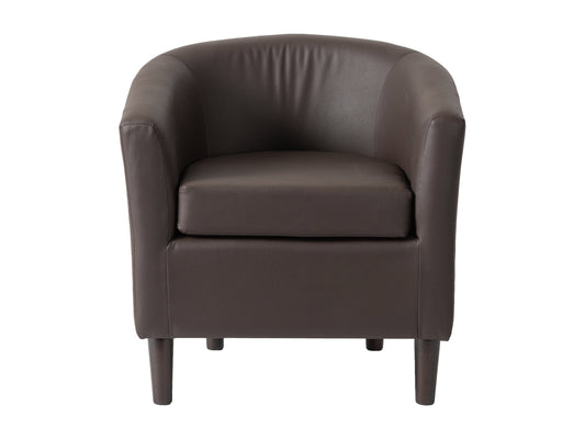 Dark brown vegan leather barrel chair with sleek design and comfortable padded seat.