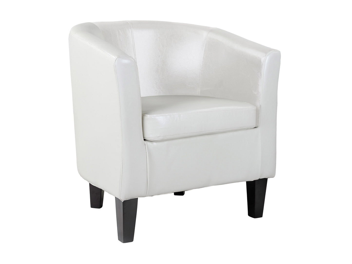 White leather barrel chair with tufted back, curved arms, and dark wooden legs, perfect for modern living rooms.