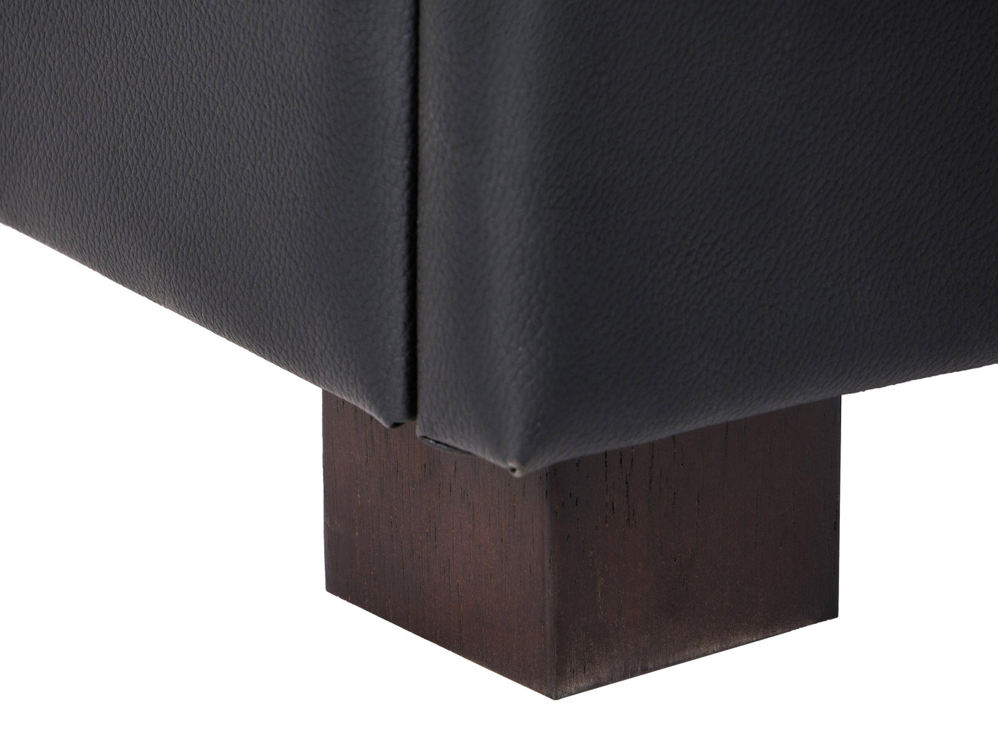 Vegan leather storage ottoman, dark brown, tufted top, wooden legs, multifunctional seating and storage solution.