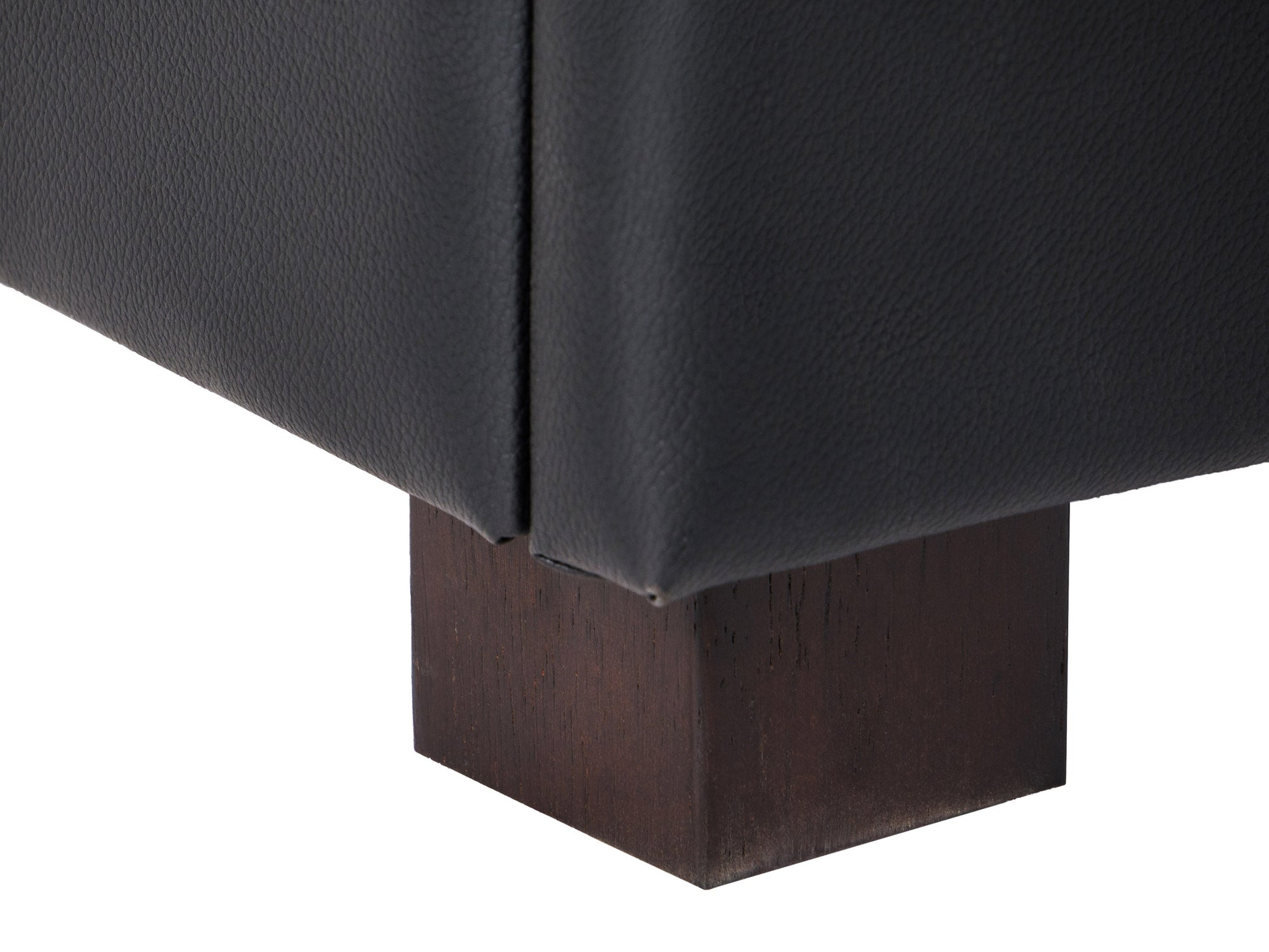 Vegan leather storage ottoman, dark brown, tufted top, wooden legs, multifunctional seating and storage solution.
