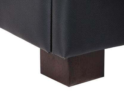 Vegan leather storage ottoman, dark brown, tufted top, wooden legs, multifunctional seating and storage solution.