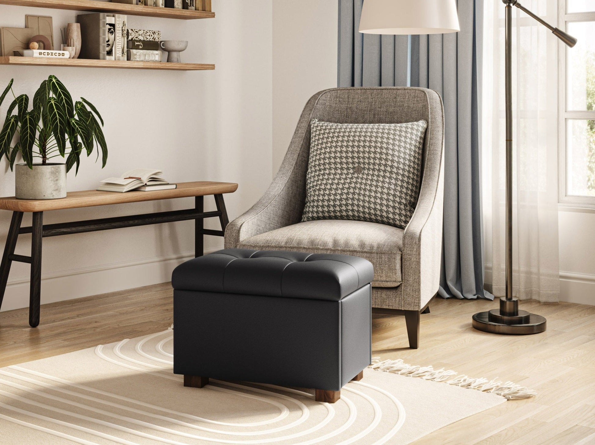 Vegan leather storage ottoman in dark brown with tufted top and hidden compartment for versatile living room seating and storage.