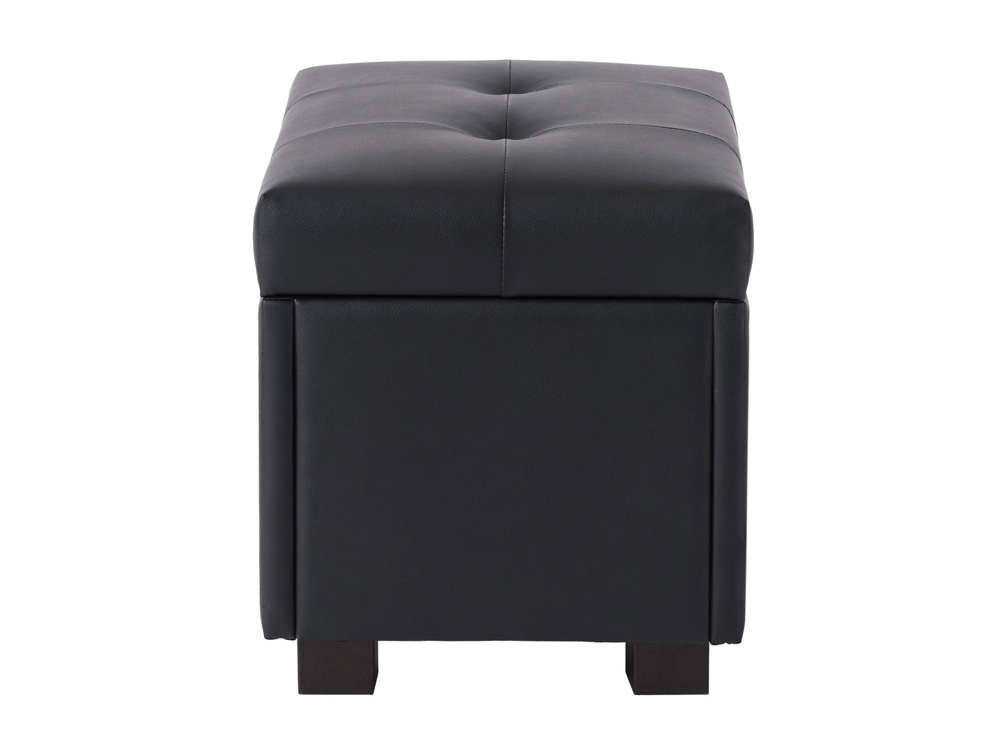 Vegan leather storage ottoman in dark brown with tufted cushion, wooden legs, and spacious interior for living room.