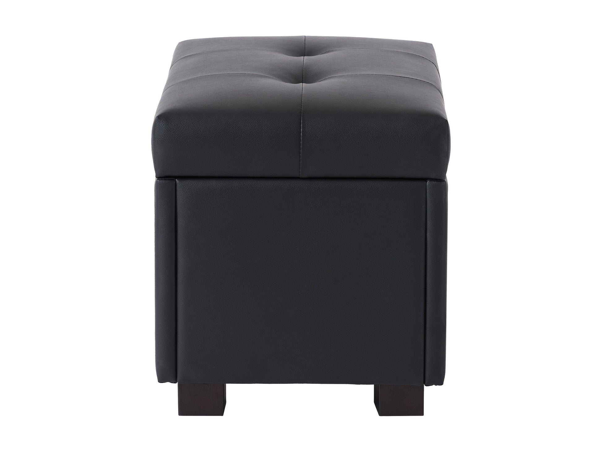Vegan leather storage ottoman in dark brown with tufted cushion, wooden legs, and spacious interior for living room.