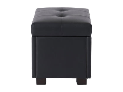 Vegan leather storage ottoman in dark brown with tufted cushion, wooden legs, and spacious interior for living room.