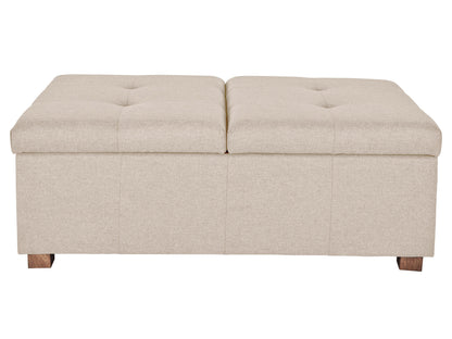 A beige fabric storage ottoman with two hinged tops and wooden feet.