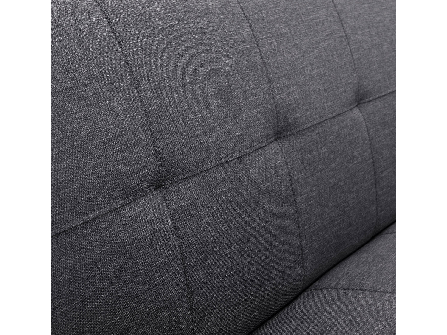 Gray futon sofa bed with tufted cushions, wooden legs, and adjustable backrest for lounging or sleeping. Durable linen fabric and modern design make it a stylish and functional addition to any living space.