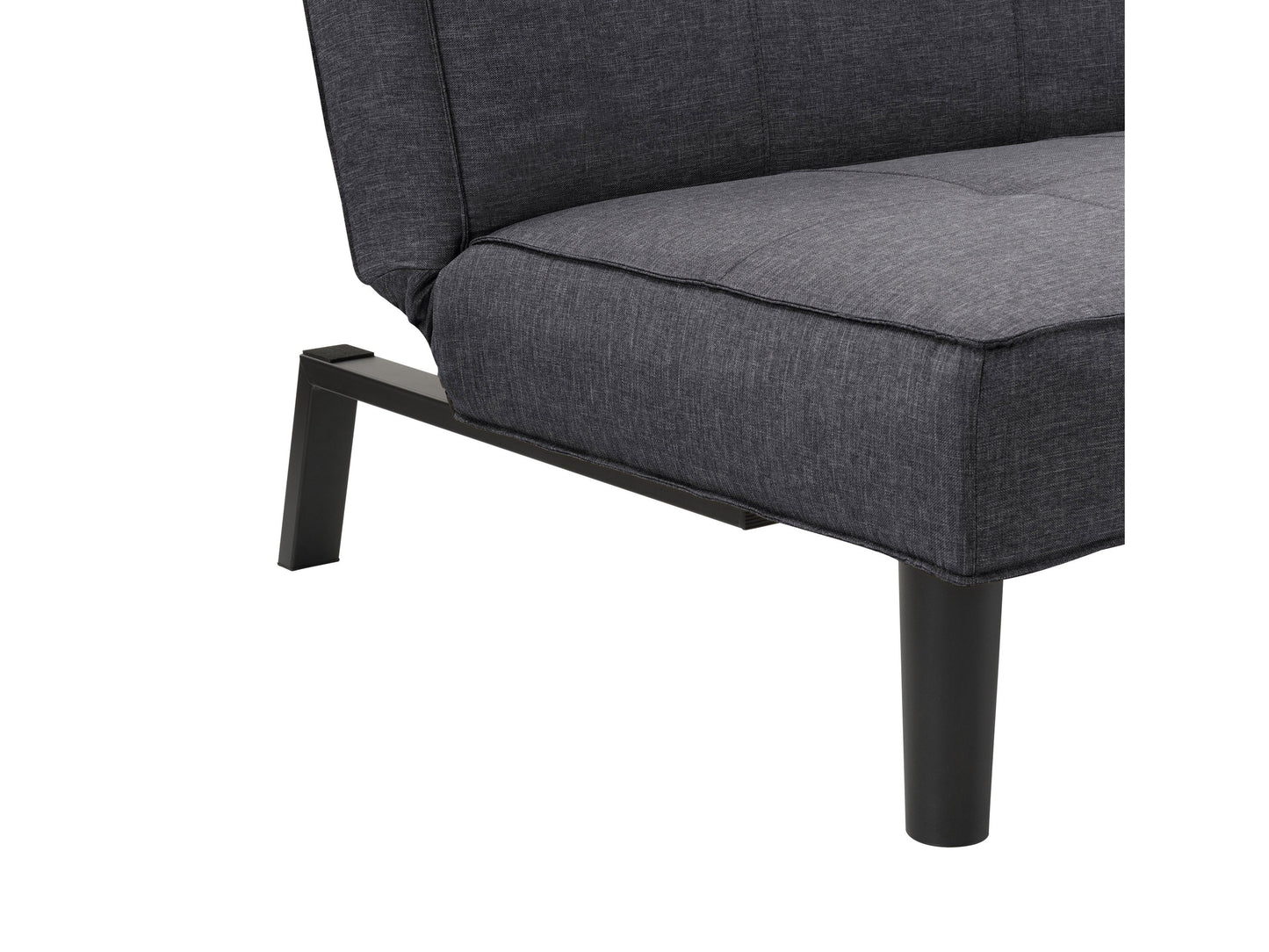 Dark grey futon sofa bed with wooden legs, tufted cushions, and a modern design.