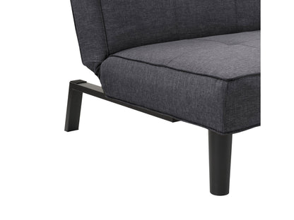 Dark grey futon sofa bed with wooden legs, tufted cushions, and a modern design.
