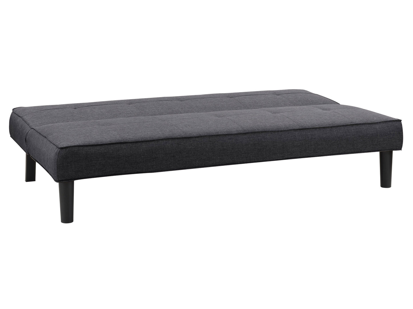 Dark grey futon sofa bed with wooden legs, tufted cushions, and a sleek convertible design.