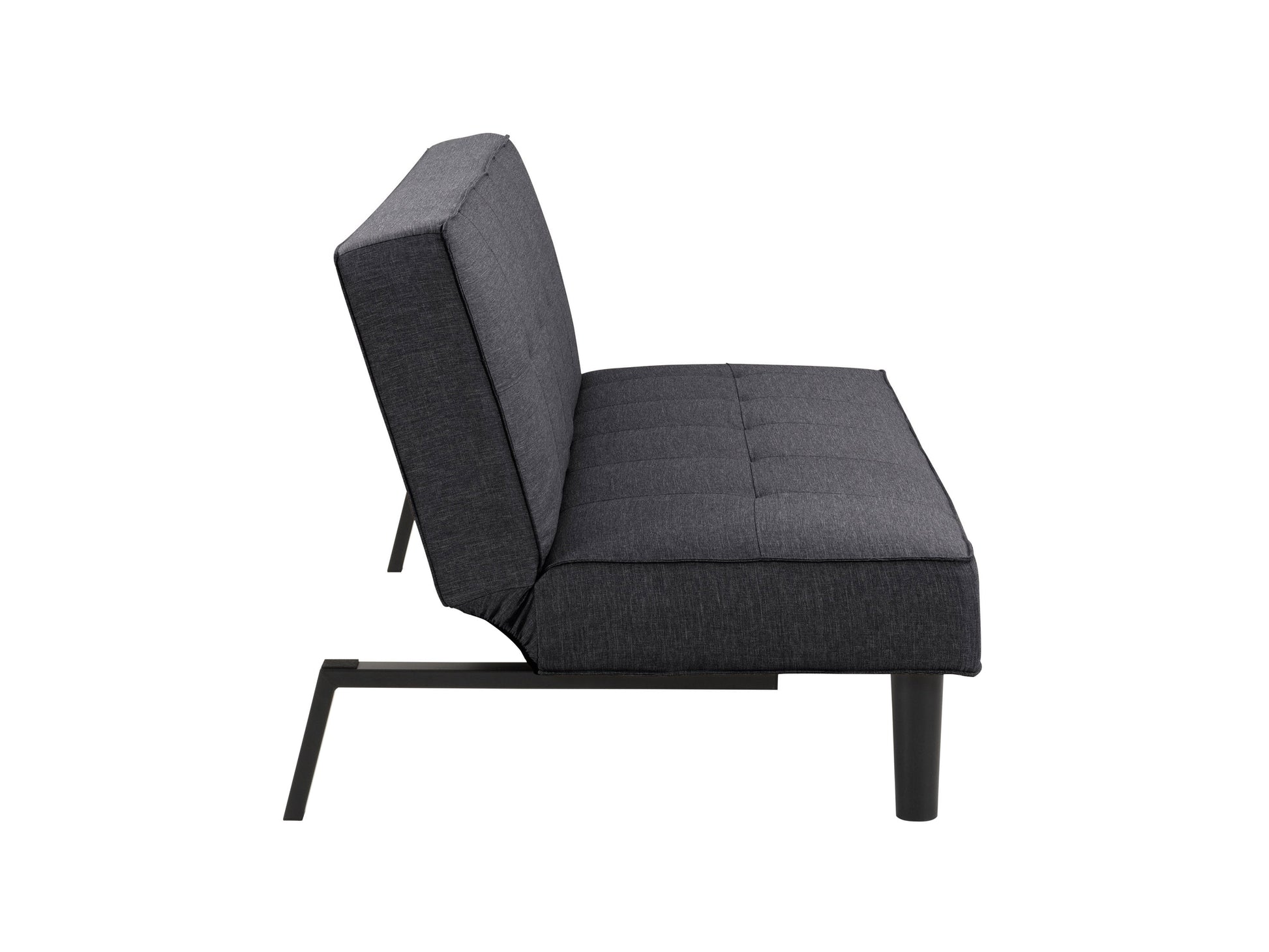 Dark grey futon sofa bed with tufted cushions, wooden legs, and convertible design for modern living rooms.
