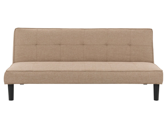 Beige futon sofa bed with wooden legs, tufted cushions, and convertible design for modern living rooms.
