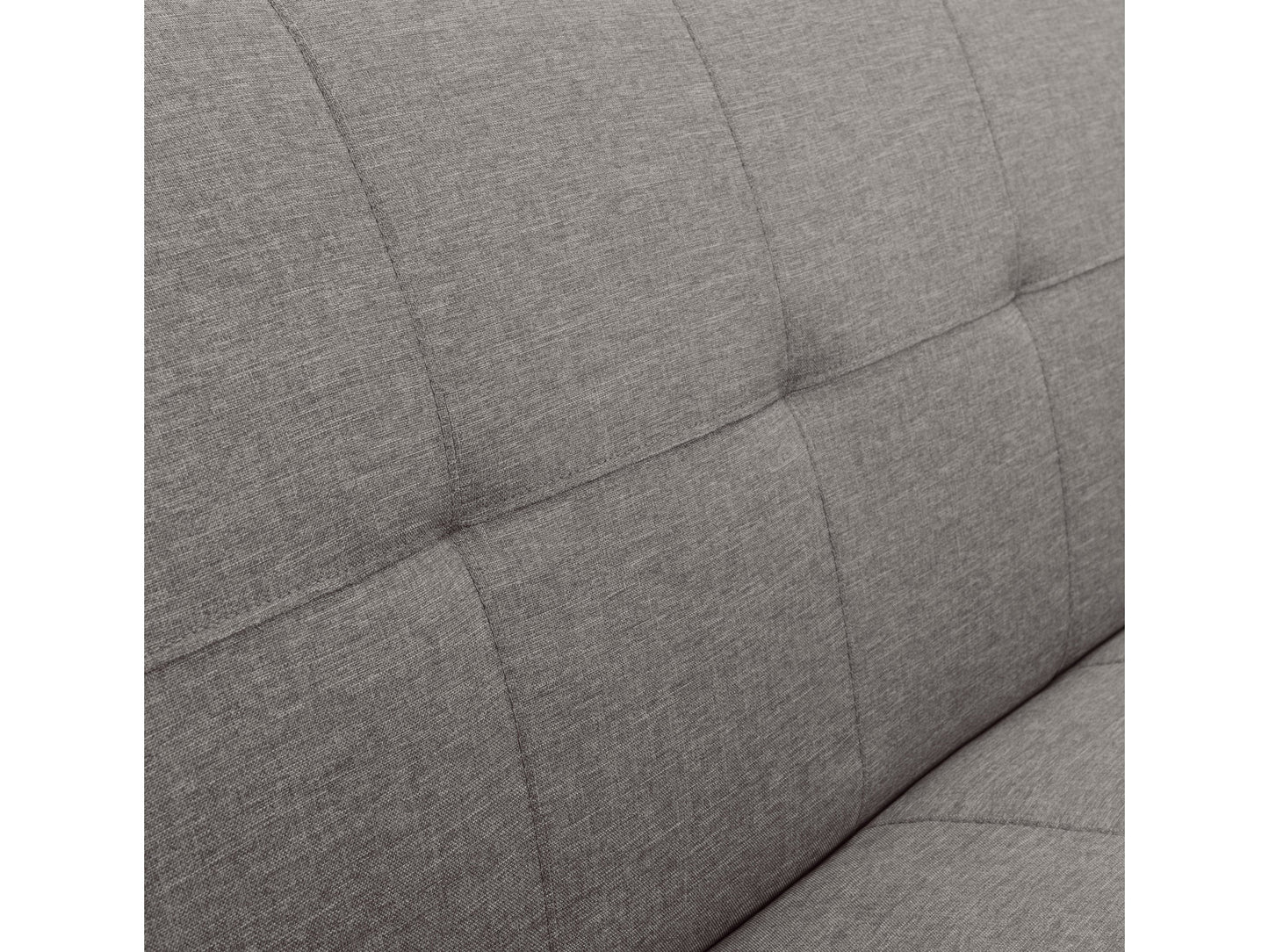 Light grey futon sofa bed with wooden legs, tufted cushions, and a modern minimalist design.