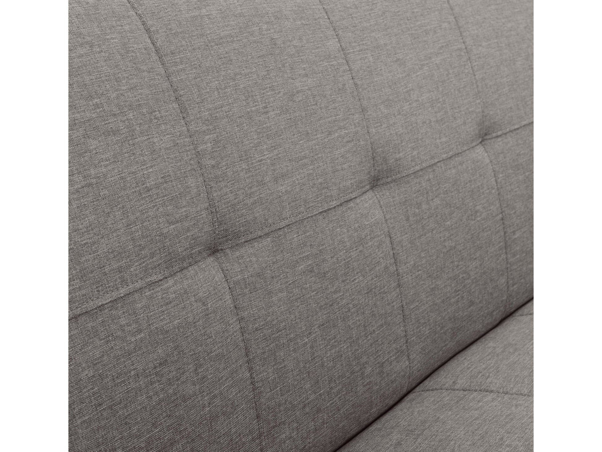 Light grey futon sofa bed with wooden legs, tufted cushions, and a modern minimalist design.