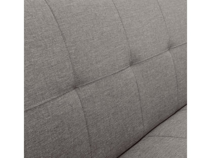 Light grey futon sofa bed with wooden legs, tufted cushions, and a modern minimalist design.