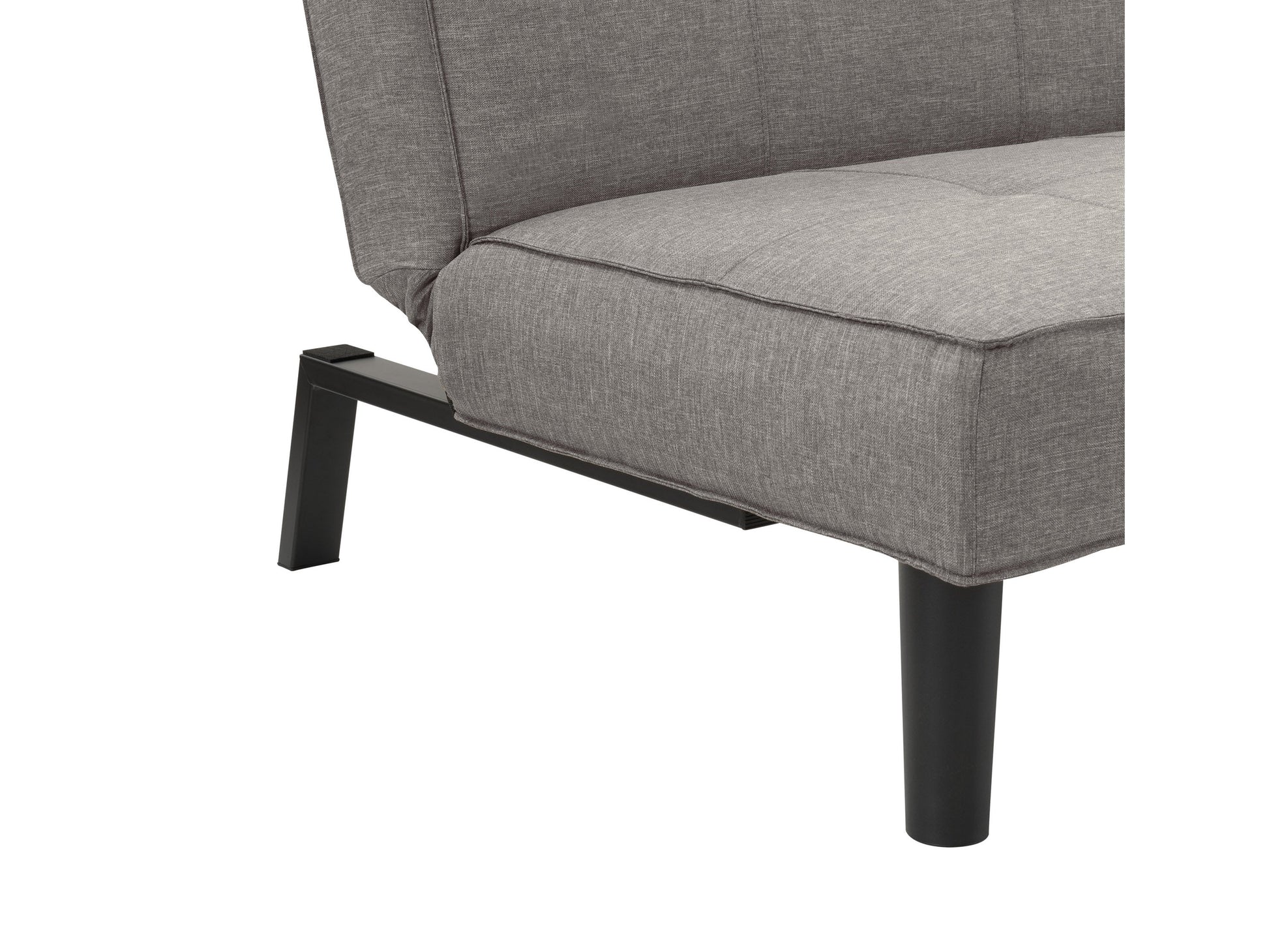 Light grey futon sofa bed with wooden legs, tufted fabric cushions, and convertible design.