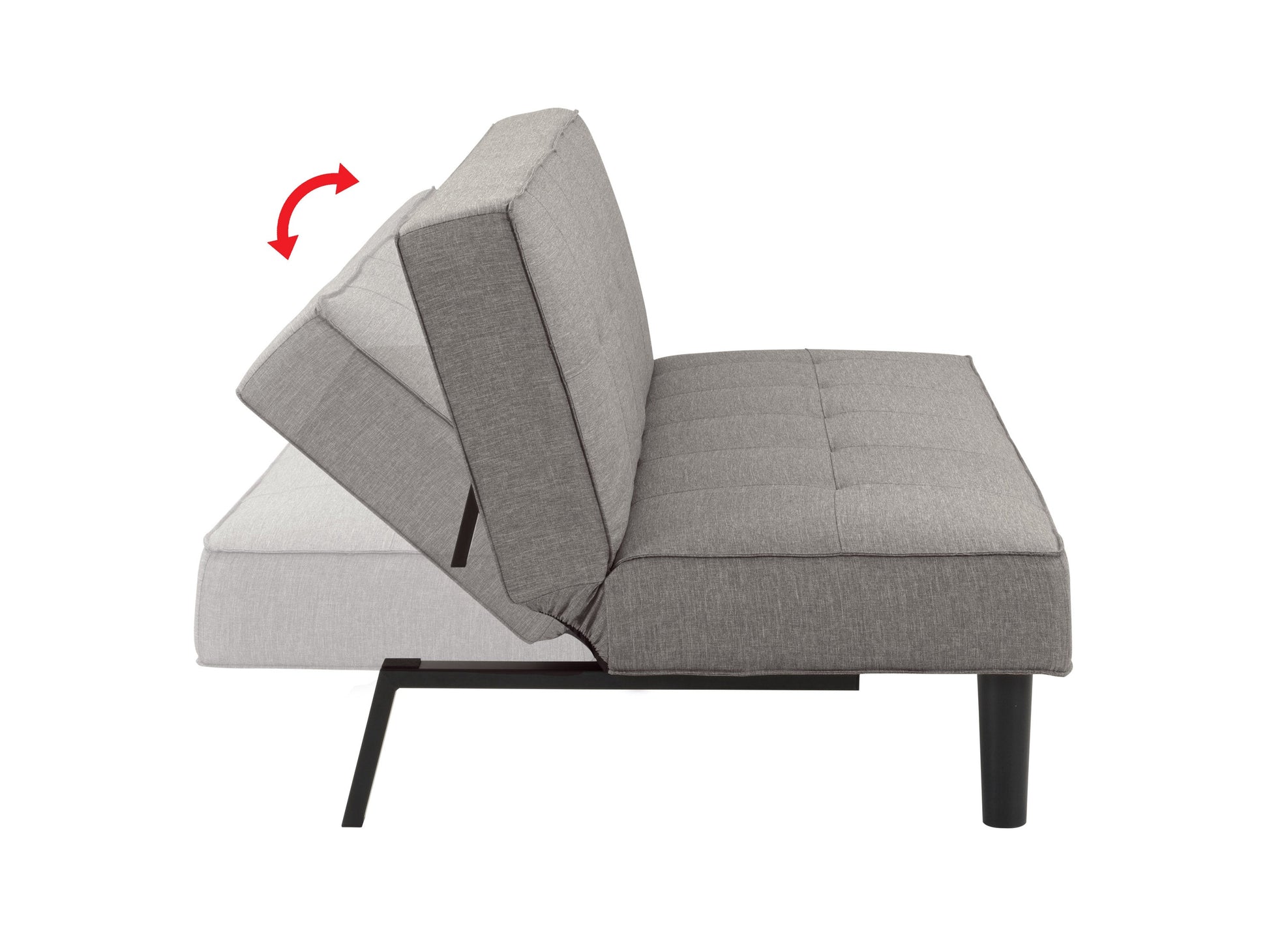 Light grey futon sofa bed with tufted cushions, wooden legs, and modern minimalist design.