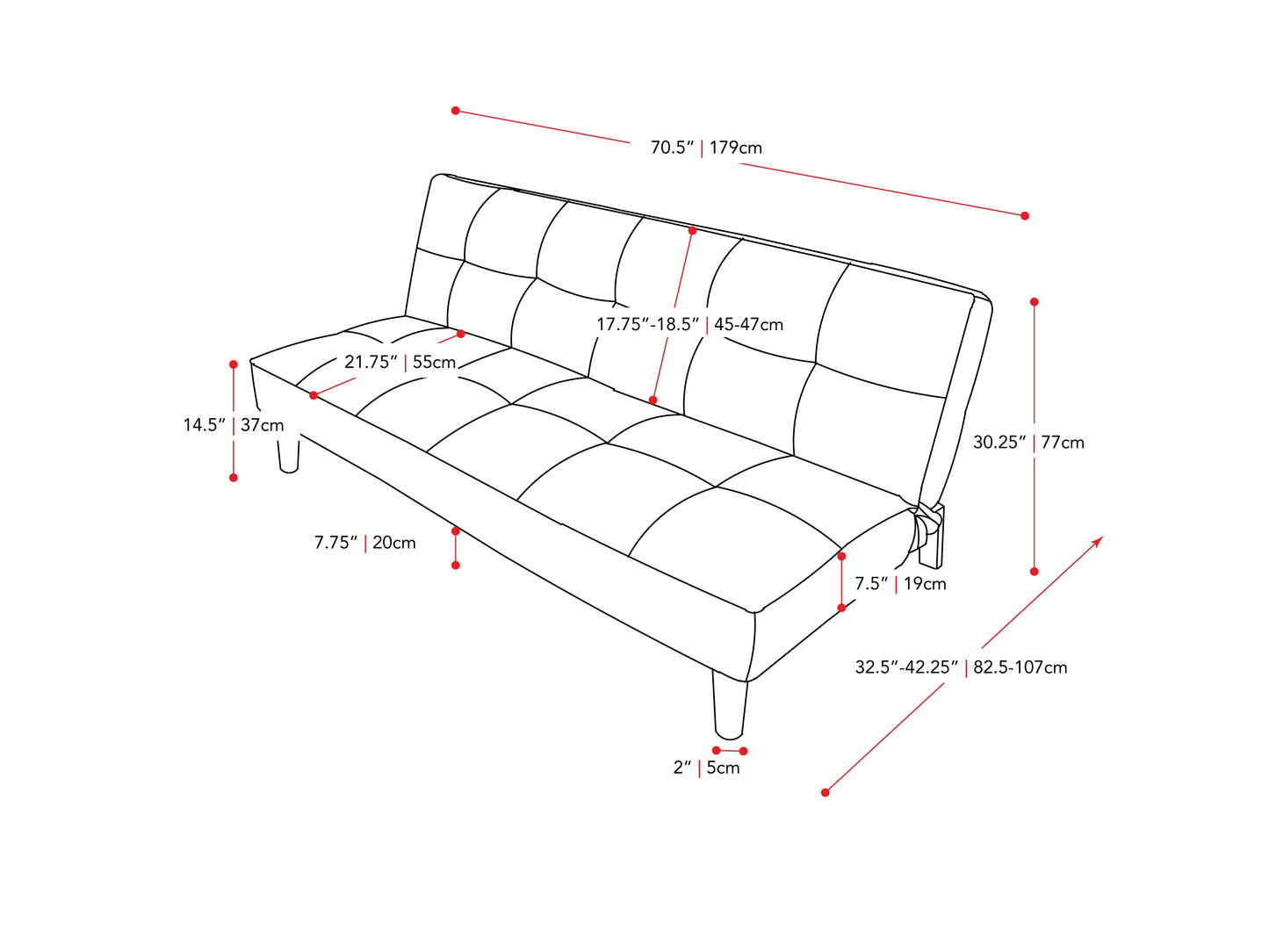 Light grey futon sofa bed with tufted cushions, wooden legs, and modern minimalist design.