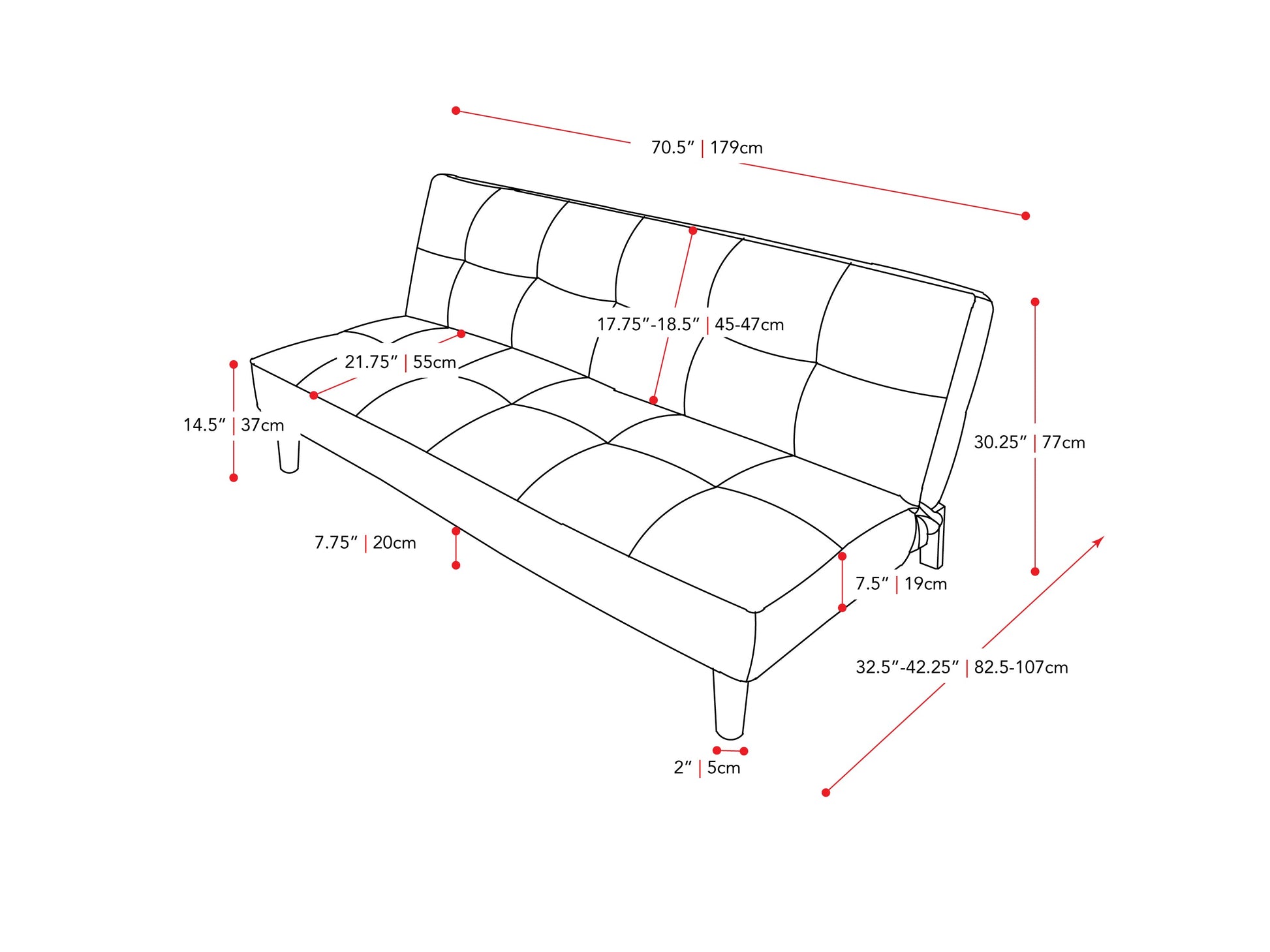 Light grey futon sofa bed with tufted cushions, wooden legs, and modern minimalist design.