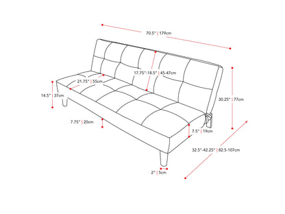Light grey futon sofa bed with tufted cushions, wooden legs, and modern minimalist design.