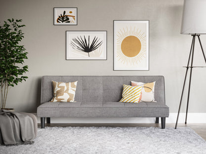 Light grey futon sofa bed with tufted cushions, wooden legs, and a foldable minimalist design.