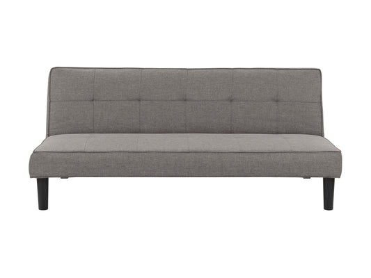 Light grey futon sofa bed with tufted cushions and sleek wooden legs, perfect for modern living rooms.